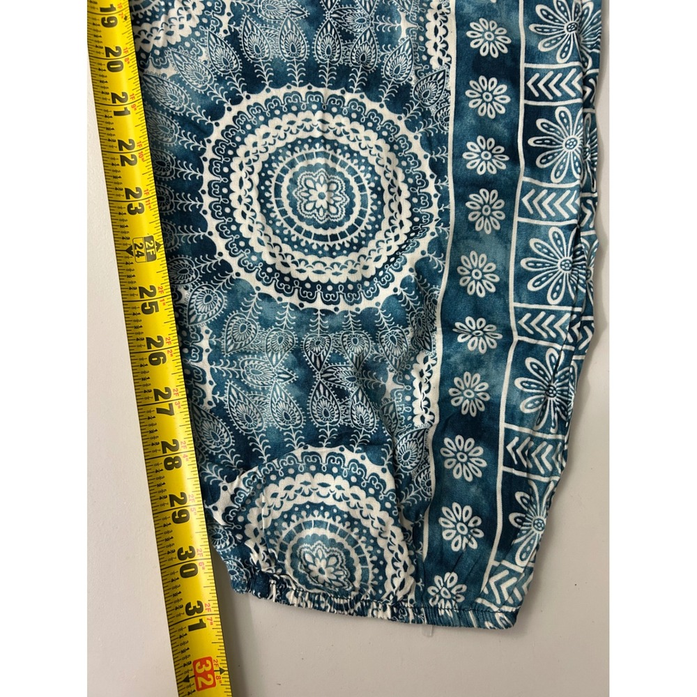 Lotus and Luna Teal Mandala Harem Pants Womens Medium Boho Smocked Rayon Thai - Picture 9 of 9